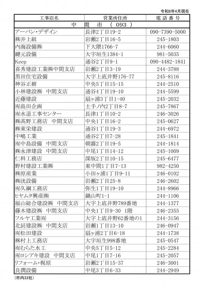 排水設備指定工事店（中間市内業者)